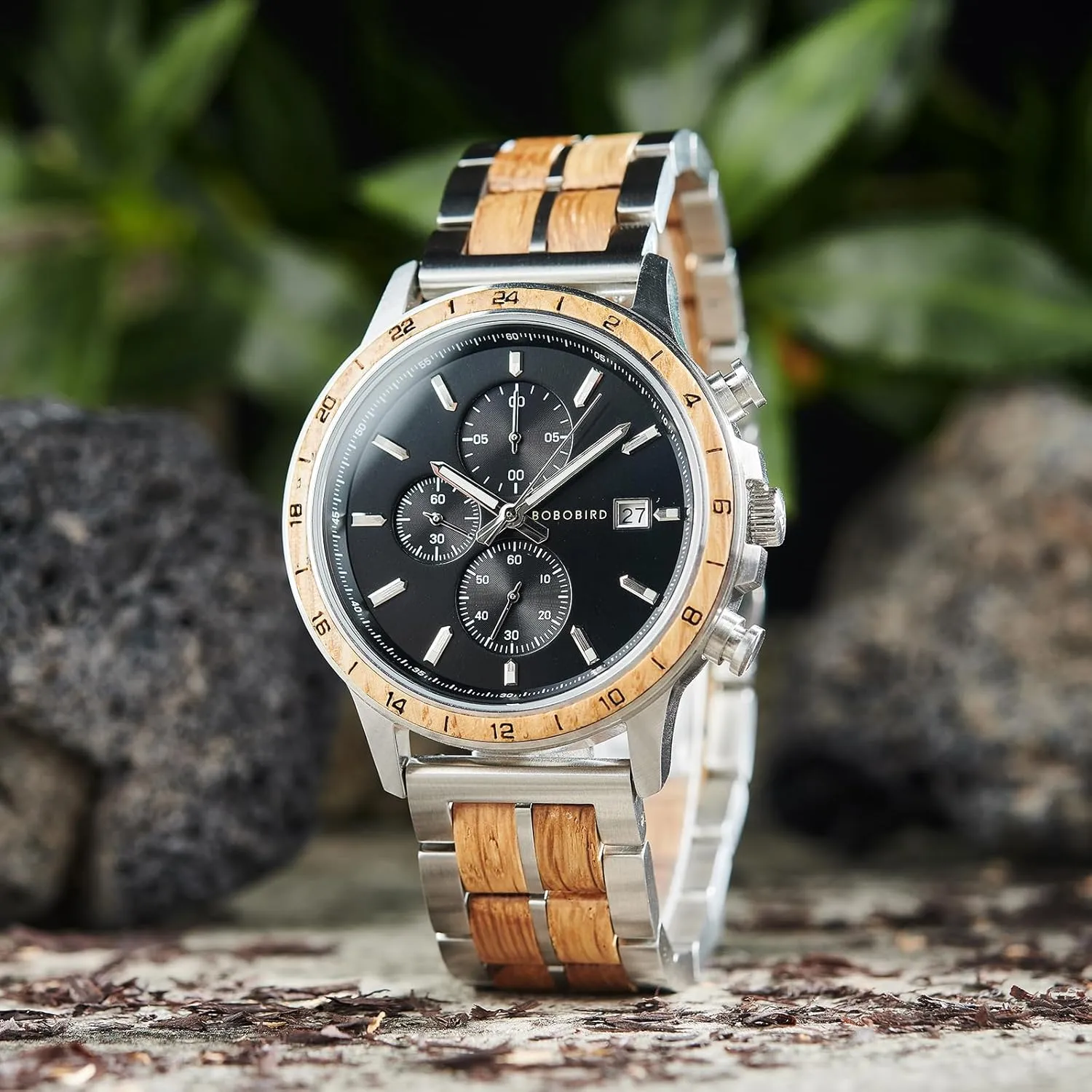 Steel Wood Strap, Japanese Quartz Movement, Multi-Functional Chronograph Watch radioactive smoke heritage transaction for Business BOBO BIRD Men's Wooden Watch with Stainless 