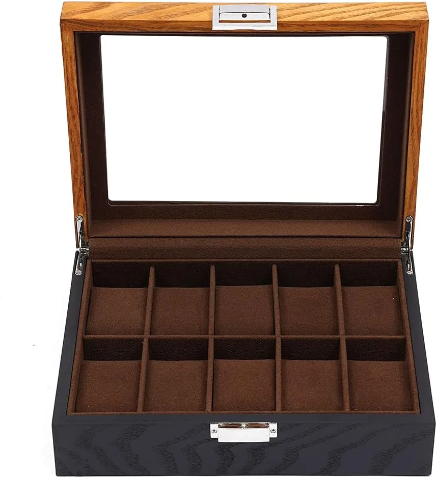 Storage Box Wooden allot lean carriage Glass Top Jewelry Storage Box 10-Slot Watch Box Display Box 