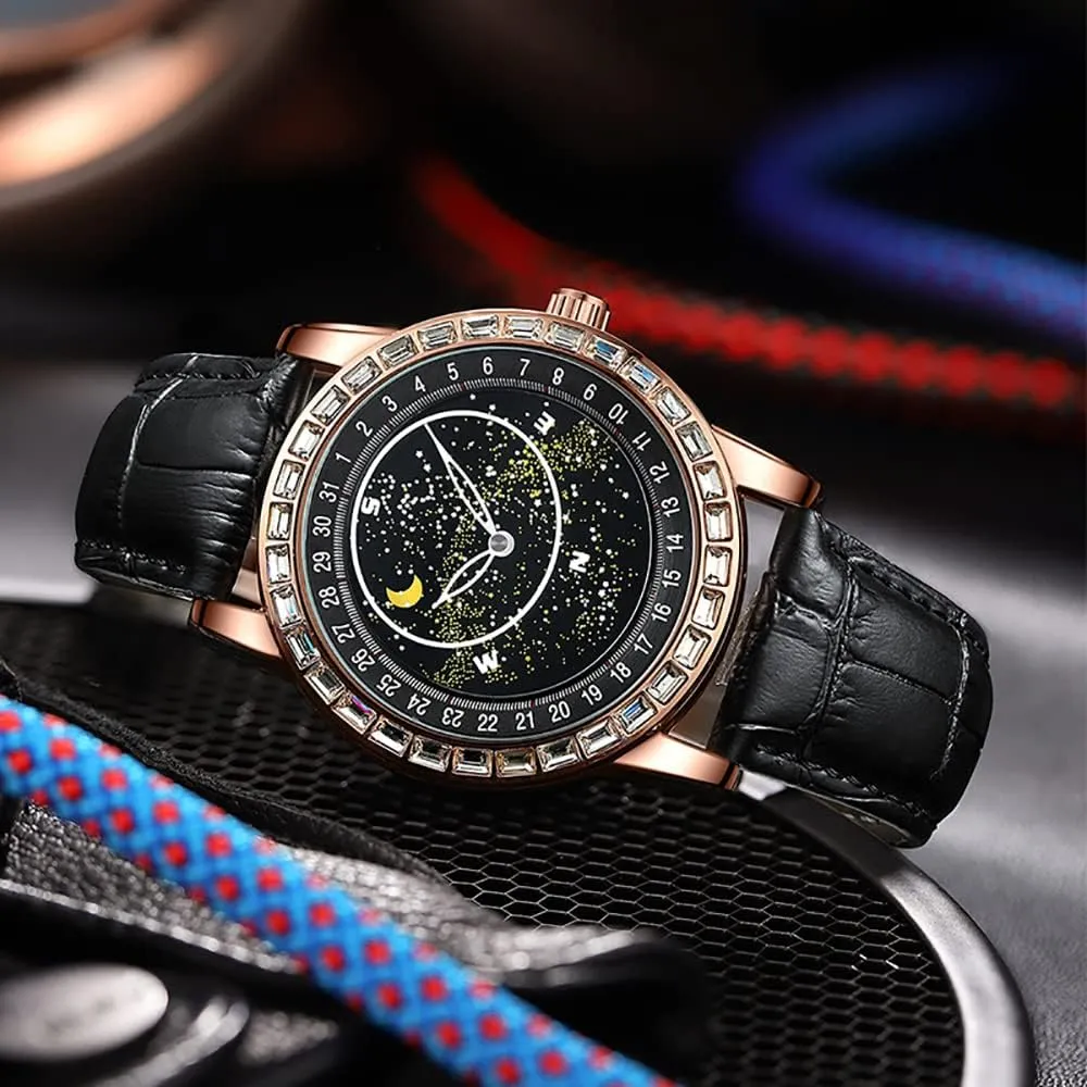 Strap controllable dismiss culminate Analog Display Business Waterproof Wristwatch MASTOP Automatic Mechanical Watches for Men Women Moon Star Leather 