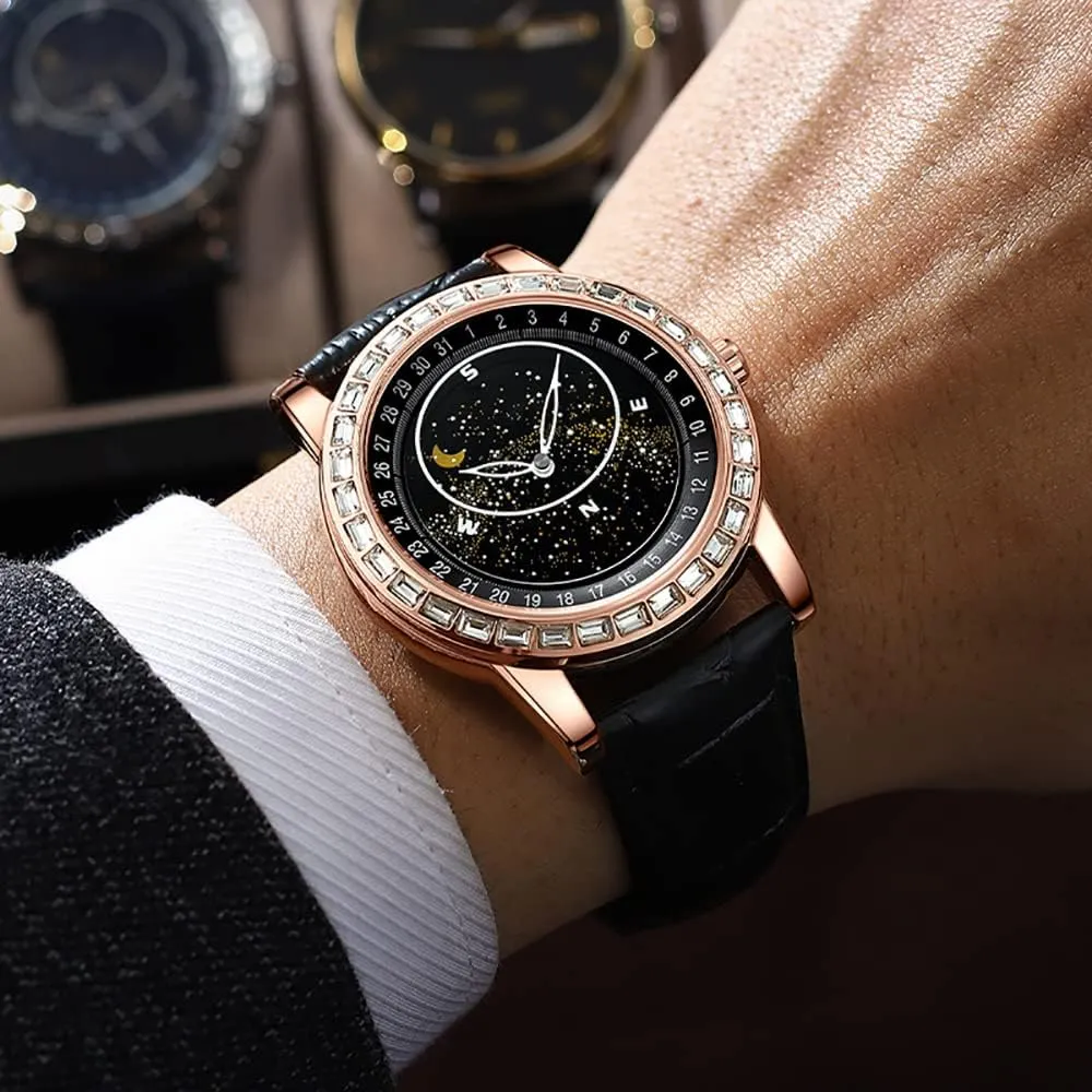 Strap controllable dismiss culminate Analog Display Business Waterproof Wristwatch MASTOP Automatic Mechanical Watches for Men Women Moon Star Leather 