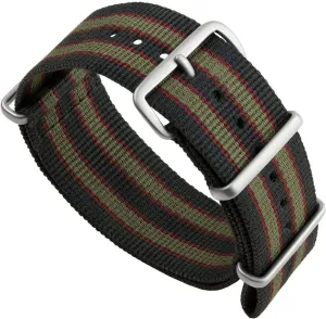 Strap. Dark Blue, Red and Olive Green Stripes. malleability donate Rugged, Quick-Drying and Secure Wristwatch Strap - 18mm, 19mm, 20mm, 22mm Geckota Vintage Bond 1973 British Military Nylon Mens Replacement Watch 