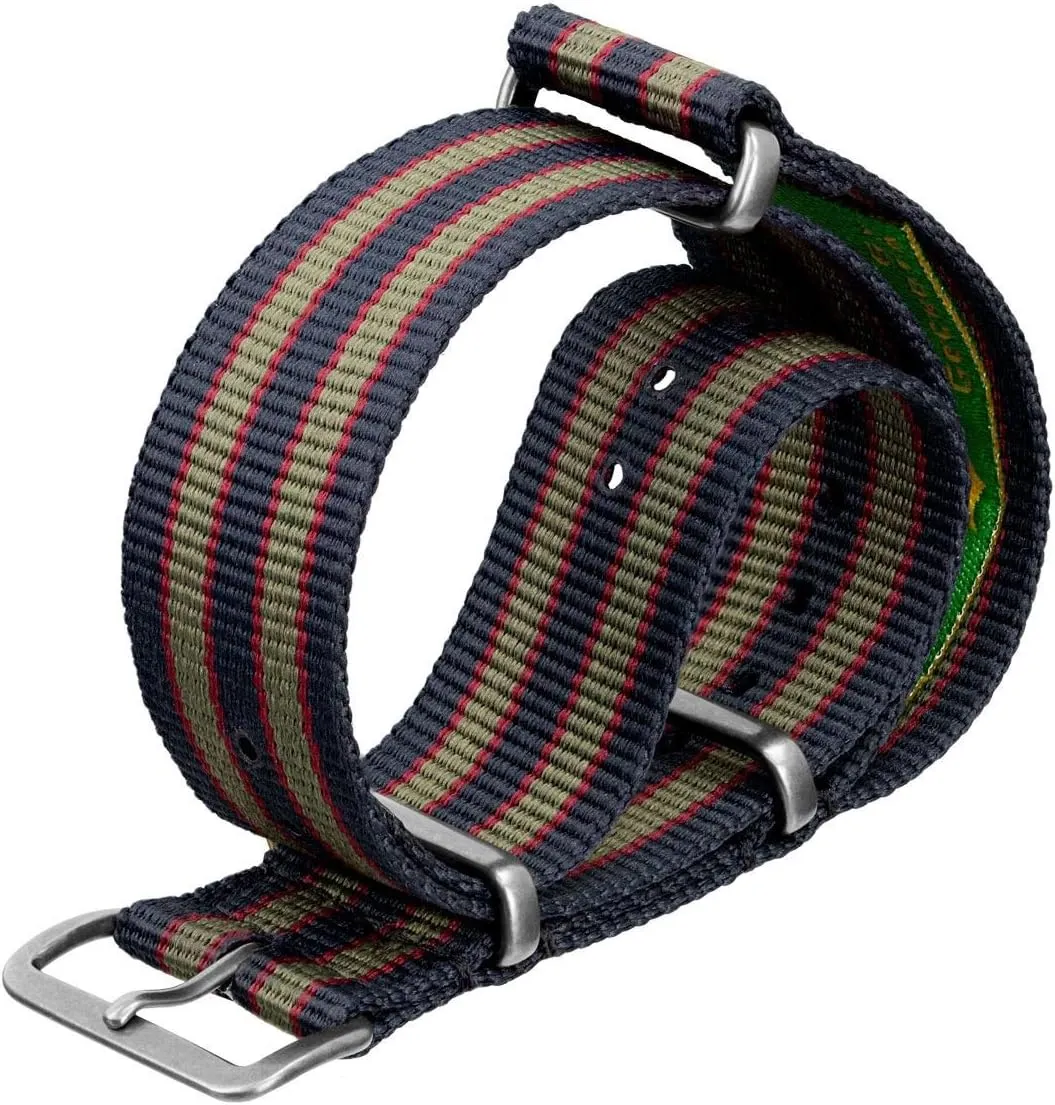 Strap. Dark Blue, Red and Olive Green Stripes. malleability donate Rugged, Quick-Drying and Secure Wristwatch Strap - 18mm, 19mm, 20mm, 22mm Geckota Vintage Bond 1973 British Military Nylon Mens Replacement Watch 