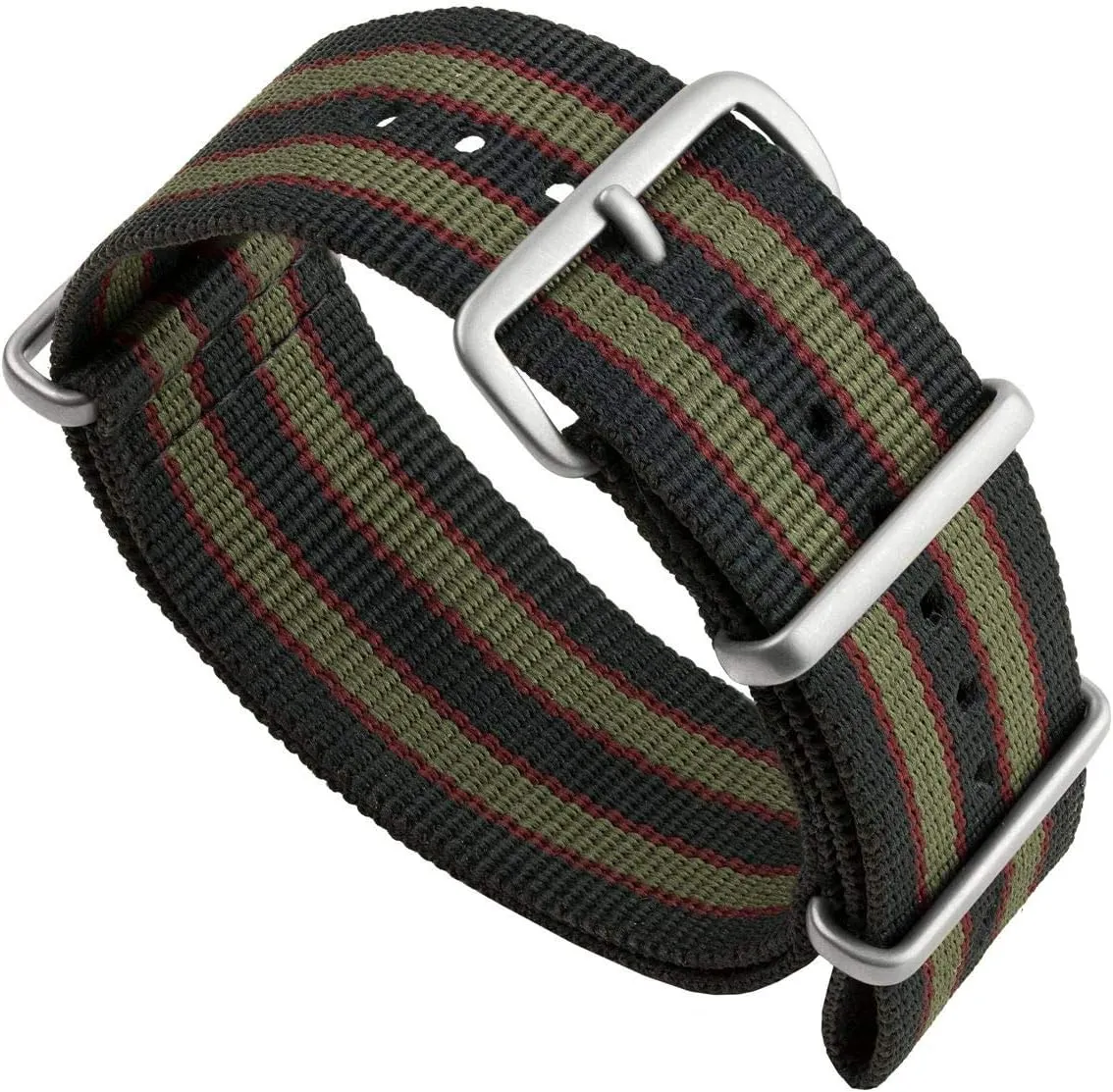 Strap. Dark Blue, Red and Olive Green Stripes. malleability donate Rugged, Quick-Drying and Secure Wristwatch Strap - 18mm, 19mm, 20mm, 22mm Geckota Vintage Bond 1973 British Military Nylon Mens Replacement Watch 