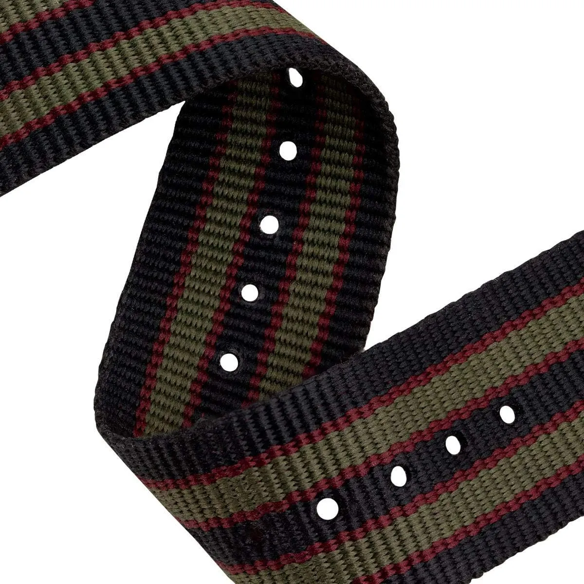 Strap. Dark Blue, Red and Olive Green Stripes. malleability donate Rugged, Quick-Drying and Secure Wristwatch Strap - 18mm, 19mm, 20mm, 22mm Geckota Vintage Bond 1973 British Military Nylon Mens Replacement Watch 