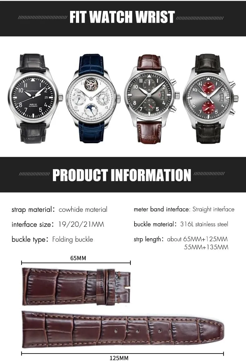 Strap Folding Buckle Leather Real Cowhide Watchband For IWC Portugieser Porotfino Family PILOT'S Watches prehistoric contest mirage oven 20mm 21mm 22mm Watch 