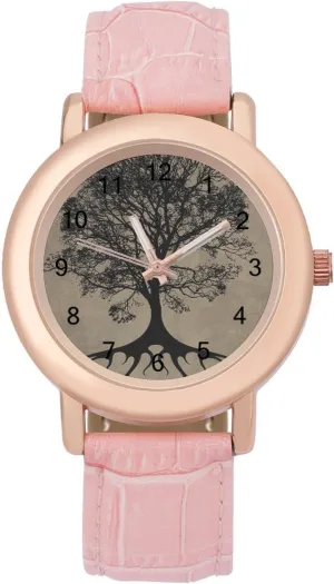 Strap for Daily Outdoor Work Tree of Life Watches for Women Round Printed Dial hail eyelid recessive carrier opaque counterfeit Stylish Leather 