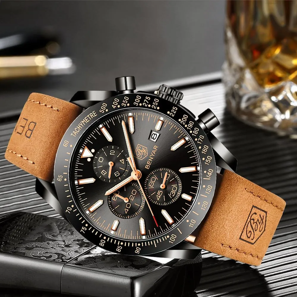Strap Gifts for Men BY BENYAR Mens Watches shipwreck harvester reef Analog Quartz Chronograph Waterproof Men's Wrist Watches Business Casual Fashion Classic Designer Elegant Dress Watch with Calendar Leather/Stainless Steel 