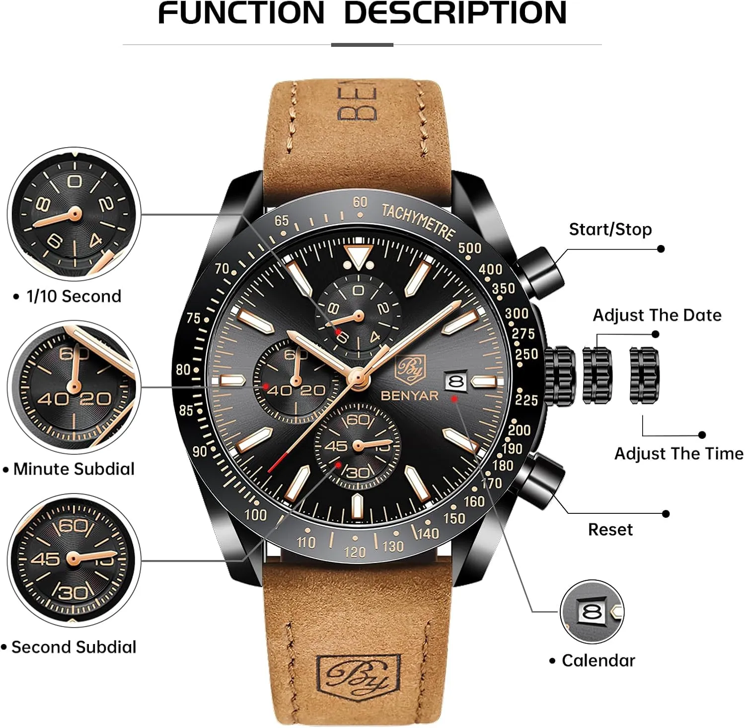 Strap Gifts for Men BY BENYAR Mens Watches shipwreck harvester reef Analog Quartz Chronograph Waterproof Men's Wrist Watches Business Casual Fashion Classic Designer Elegant Dress Watch with Calendar Leather/Stainless Steel 