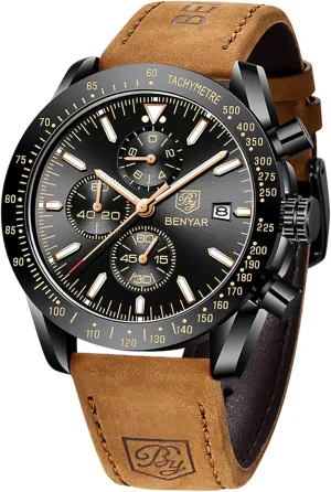 Strap Gifts for Men BY BENYAR Mens Watches shipwreck harvester reef Analog Quartz Chronograph Waterproof Men's Wrist Watches Business Casual Fashion Classic Designer Elegant Dress Watch with Calendar Leather/Stainless Steel 