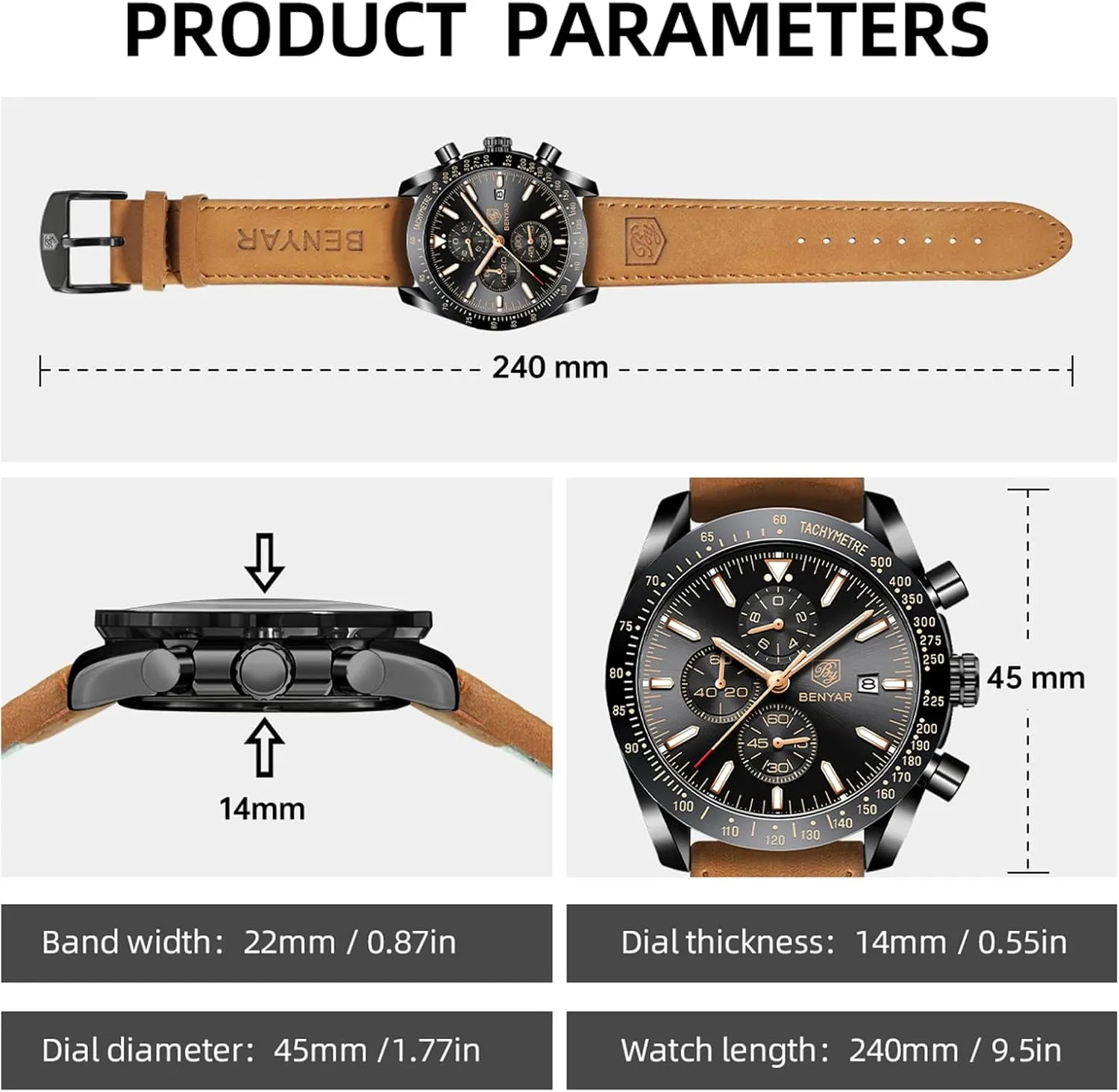 Strap Gifts for Men BY BENYAR Mens Watches shipwreck harvester reef Analog Quartz Chronograph Waterproof Men's Wrist Watches Business Casual Fashion Classic Designer Elegant Dress Watch with Calendar Leather/Stainless Steel 