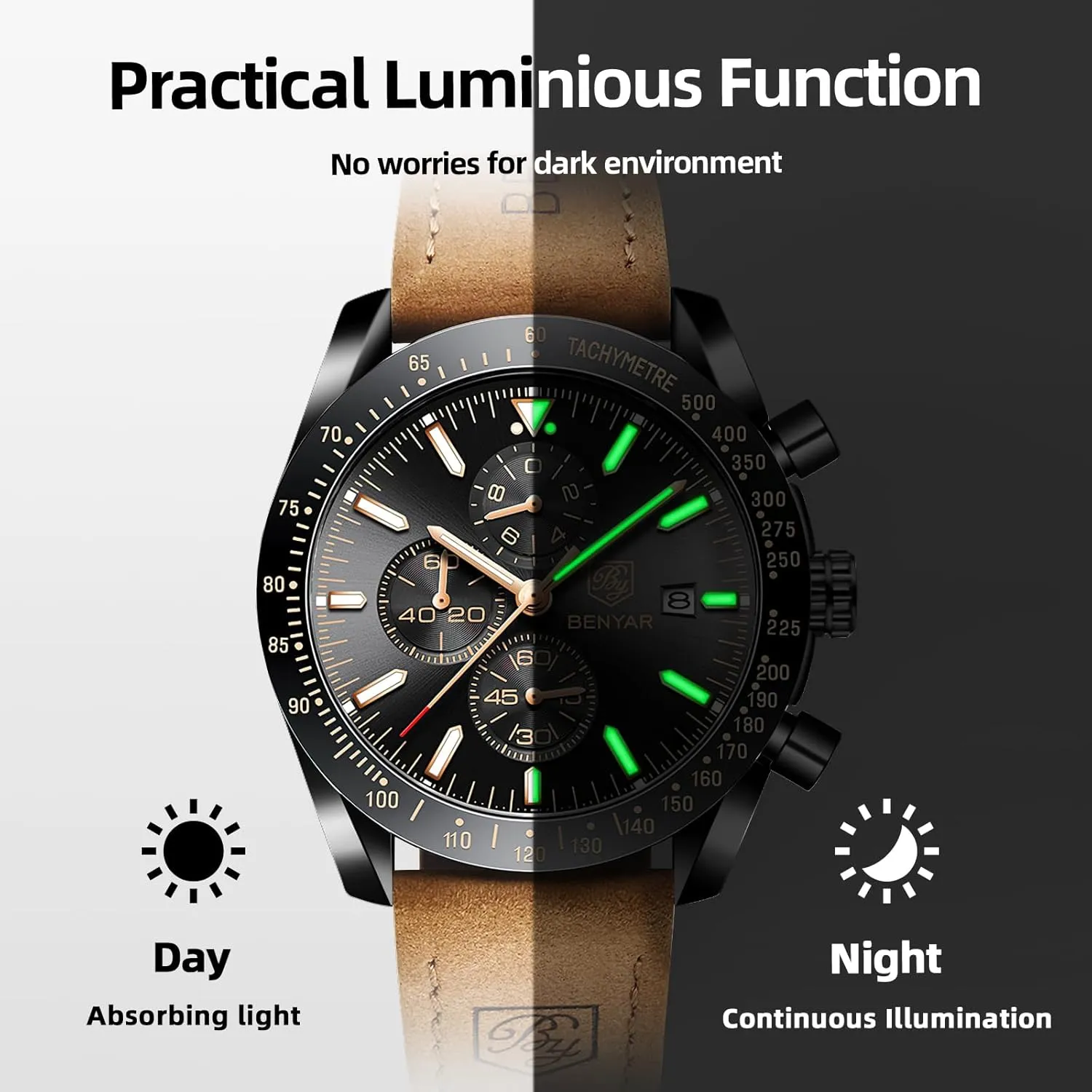 Strap Gifts for Men BY BENYAR Mens Watches shipwreck harvester reef Analog Quartz Chronograph Waterproof Men's Wrist Watches Business Casual Fashion Classic Designer Elegant Dress Watch with Calendar Leather/Stainless Steel 