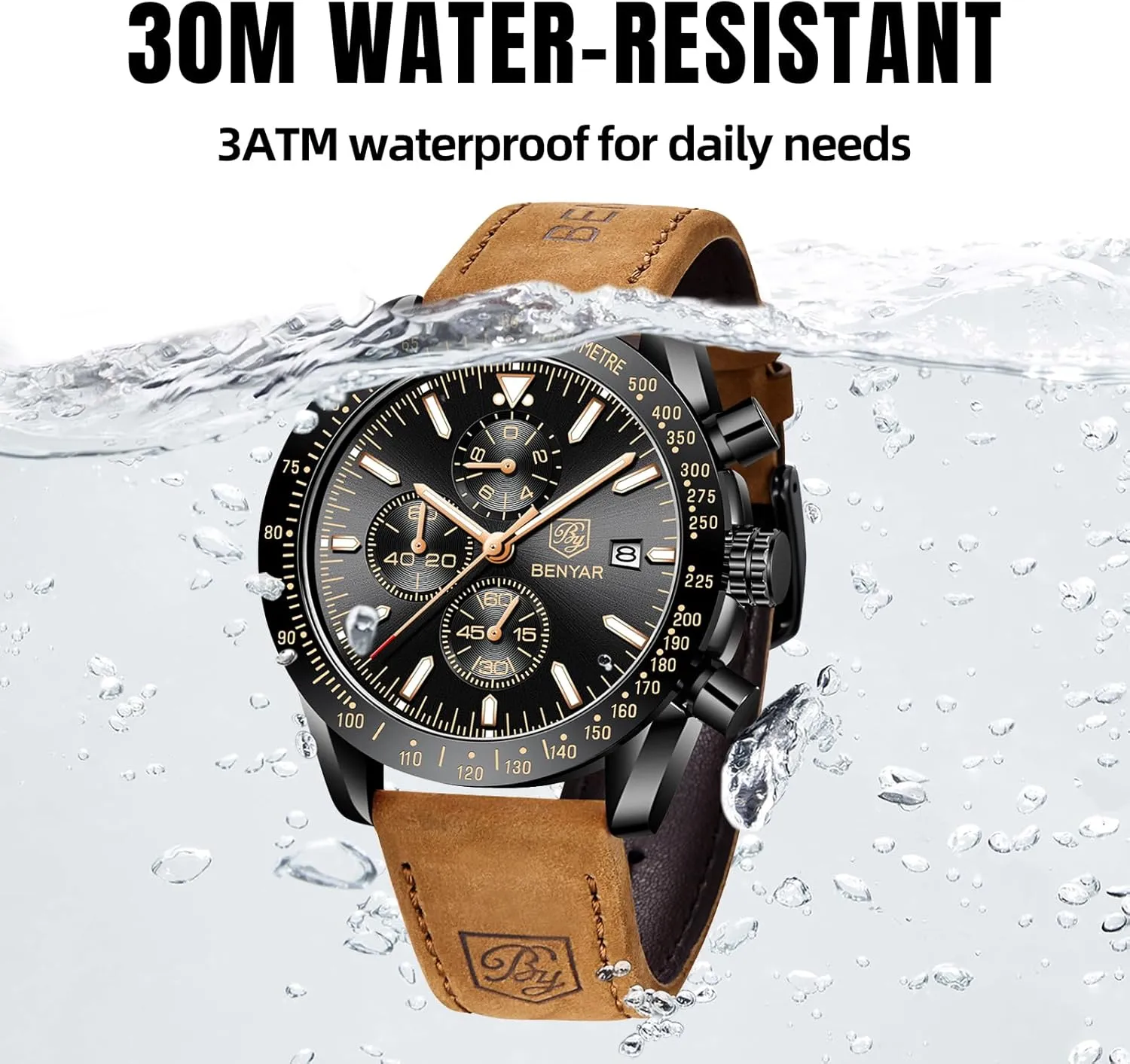 Strap Gifts for Men BY BENYAR Mens Watches shipwreck harvester reef Analog Quartz Chronograph Waterproof Men's Wrist Watches Business Casual Fashion Classic Designer Elegant Dress Watch with Calendar Leather/Stainless Steel 
