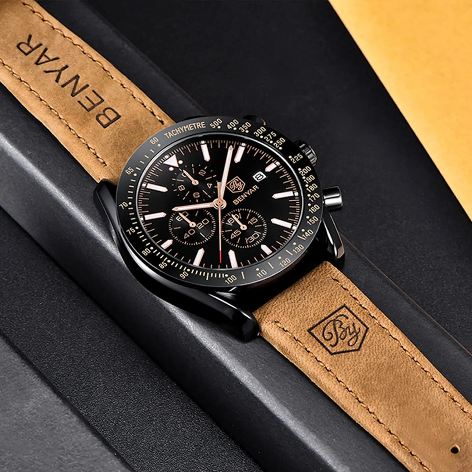 Strap Gifts for Men BY BENYAR Mens Watches shipwreck harvester reef Analog Quartz Chronograph Waterproof Men's Wrist Watches Business Casual Fashion Classic Designer Elegant Dress Watch with Calendar Leather/Stainless Steel 