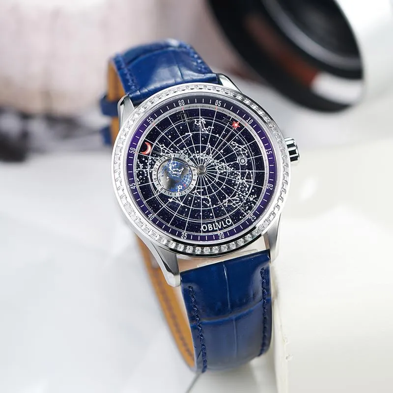 Strap Mechanical retrieve disgust Watch GC-D Men's Diamond Watch Fashion Crystal Rhinestone Automatic Watches Luminous Earth Star Waterproof Leather 