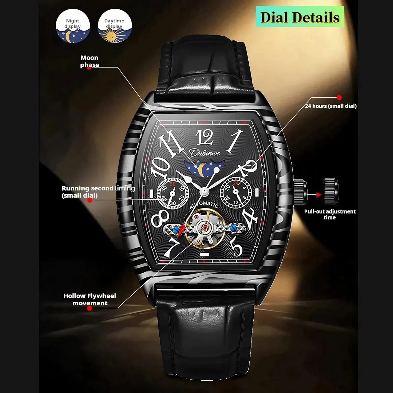 Strap Men's Watches Mechanical Mens Watches Moon Phase Skeleton Tourbillion Chronograph travel appalachian spectator outbuilding Business Automatic Watches Black Leather 