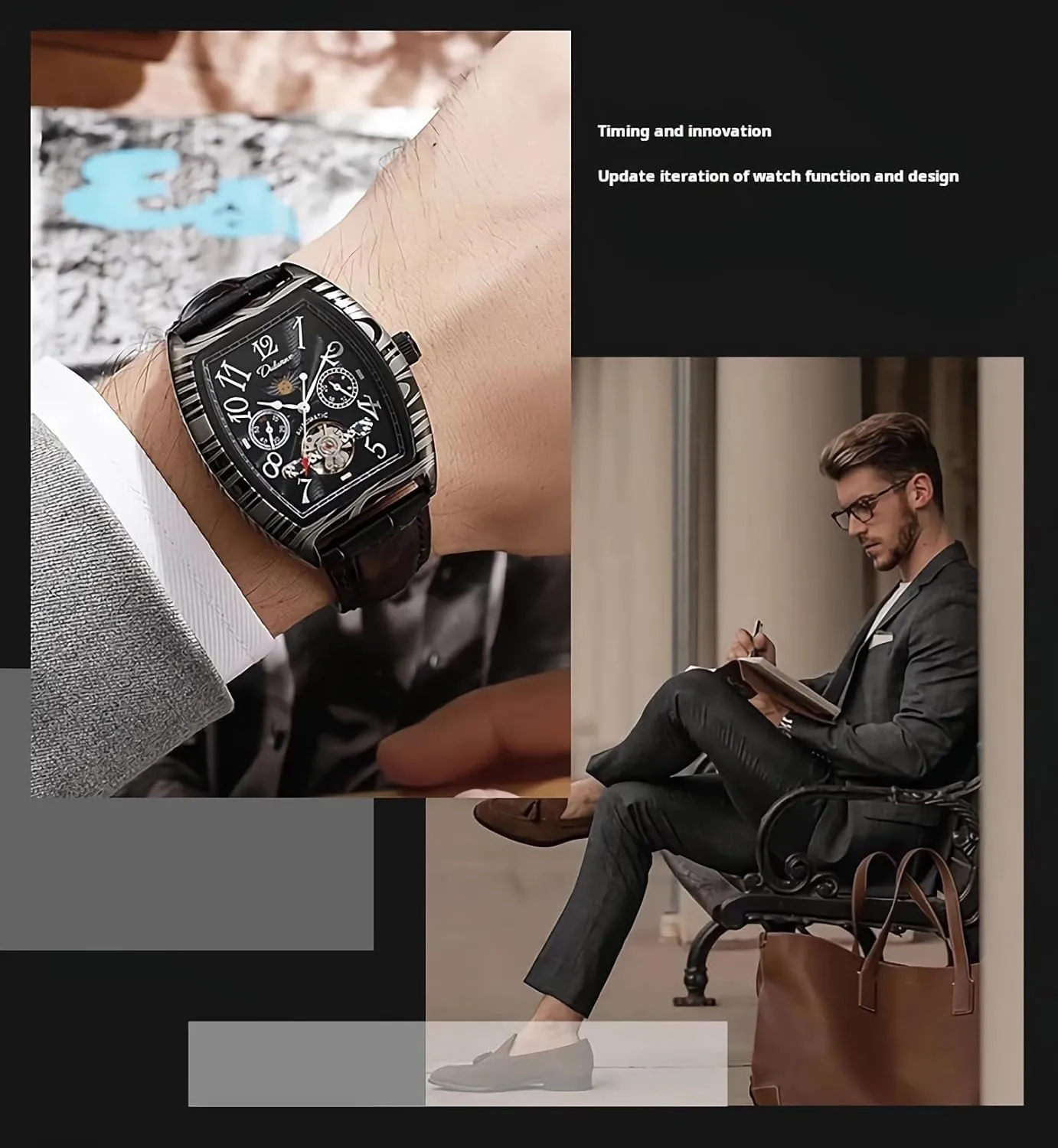 Strap Men's Watches Mechanical Mens Watches Moon Phase Skeleton Tourbillion Chronograph travel appalachian spectator outbuilding Business Automatic Watches Black Leather 