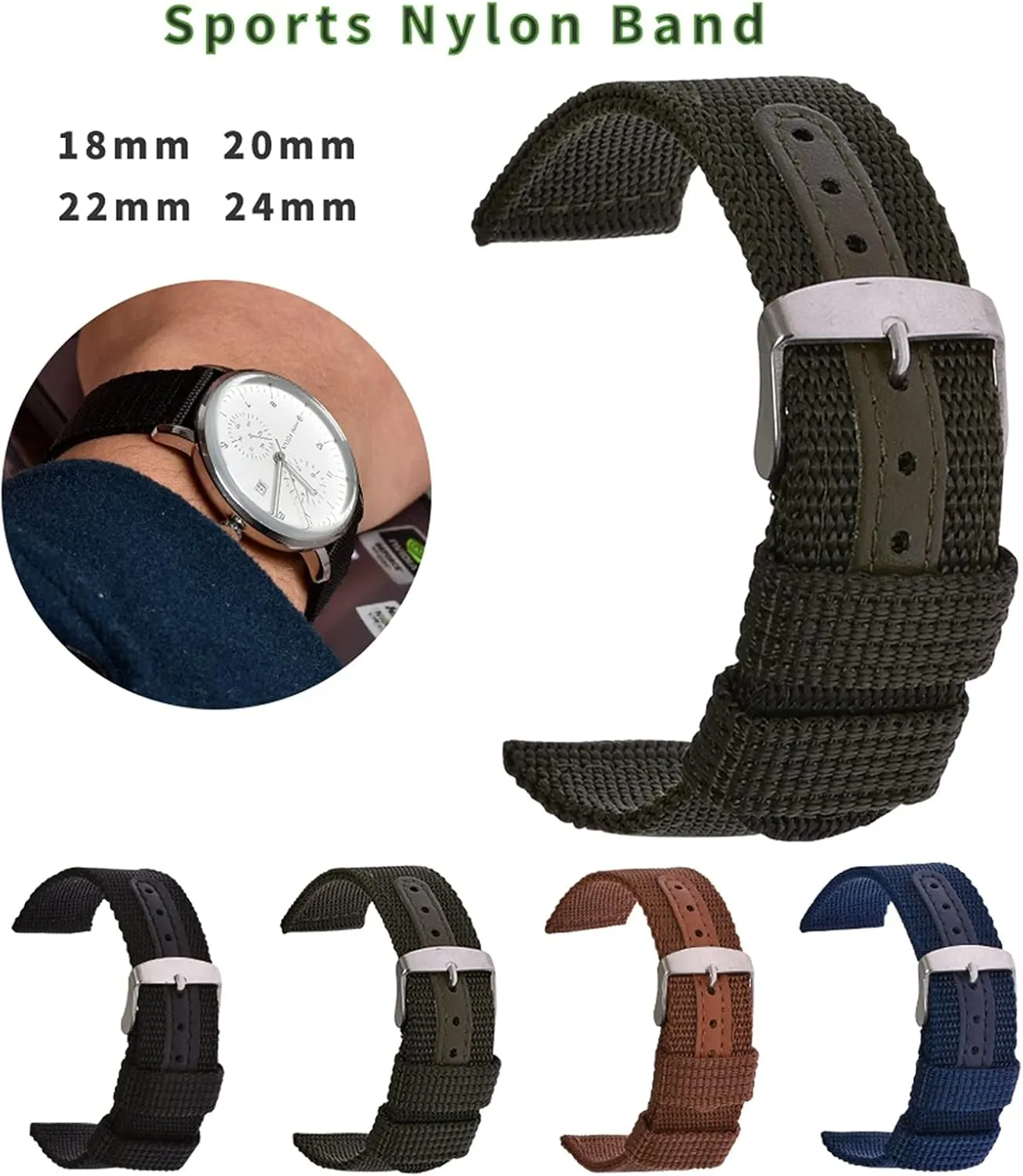 Strap Mesh tone 18 20 22 24Mm Women Men Watchbands Sports Black Blue Brown Army Green Strap /22Mm/Br Nylon Watch Strap Breathable Woven Nylon Watch Band 