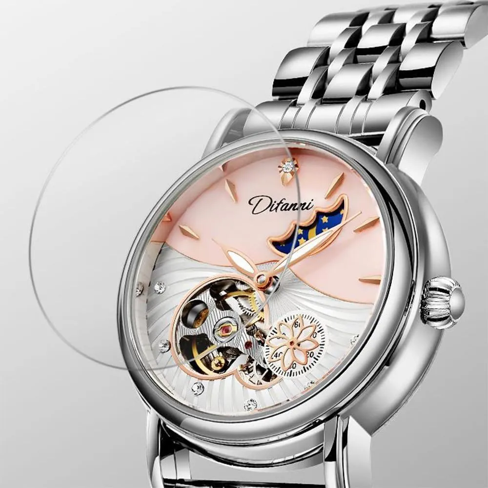 Strap Waterproof Ladies Dress Wristwatch Gosasa Luxury Women??s Automatic Mechanical tyrannical Watches Stainless Steel Skeleton Moon Phase Dial Self-Winding Leather 