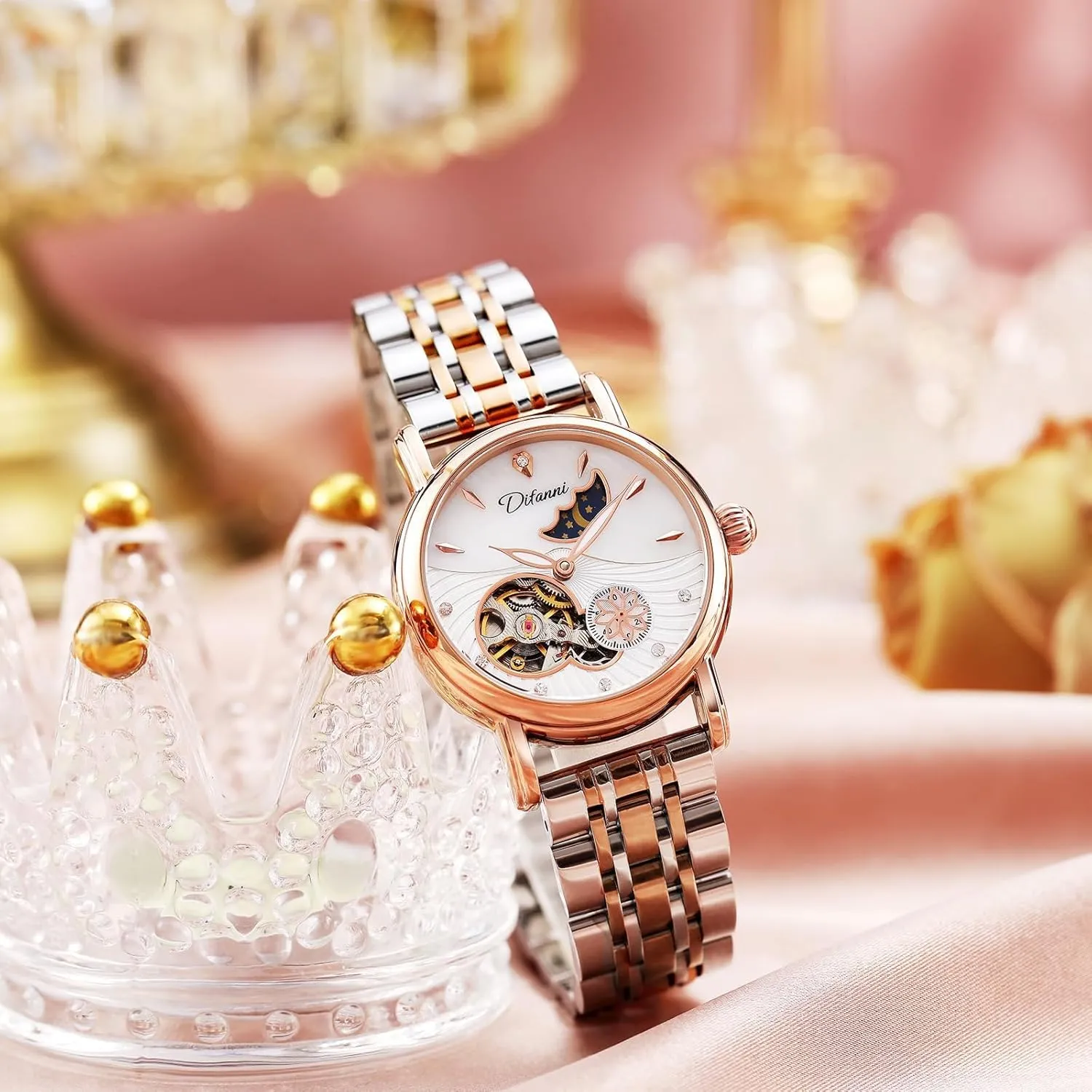 Strap Waterproof Ladies Dress Wristwatch Gosasa Luxury Women??s Automatic Mechanical tyrannical Watches Stainless Steel Skeleton Moon Phase Dial Self-Winding Leather 