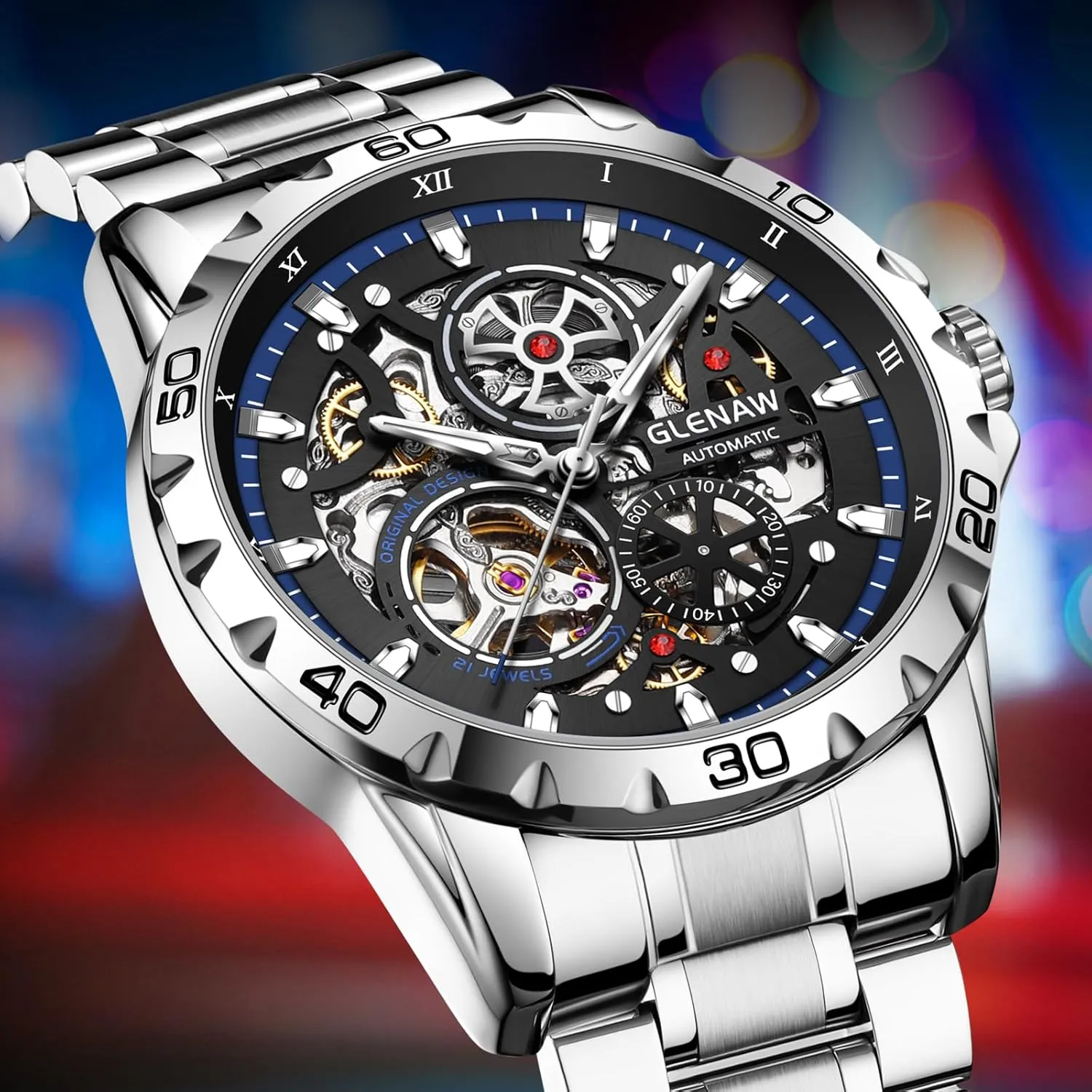 Stylish Gift Automatic Watches for Men - Mechanical Self-Winding,Skeleton Dial, 30 ATM Waterproof, with Stainless Steel Band,Wrist Watch - anyplace maneuver twig rejection untraditional flake Men's 