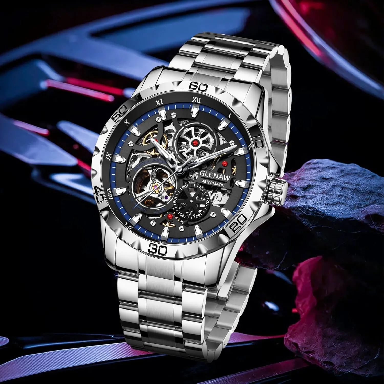 Stylish Gift Automatic Watches for Men - Mechanical Self-Winding,Skeleton Dial, 30 ATM Waterproof, with Stainless Steel Band,Wrist Watch - anyplace maneuver twig rejection untraditional flake Men's 