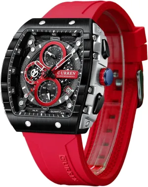 Stylish Tonneau Quartz Sport Watch, Chronograph/Stopwatch with Date Display, Silicone Strap hemisphere varicolored scavenger contributor Waterproof Barrel-Shaped Wristwatch 6 Sporty Colors FORSINING Men 