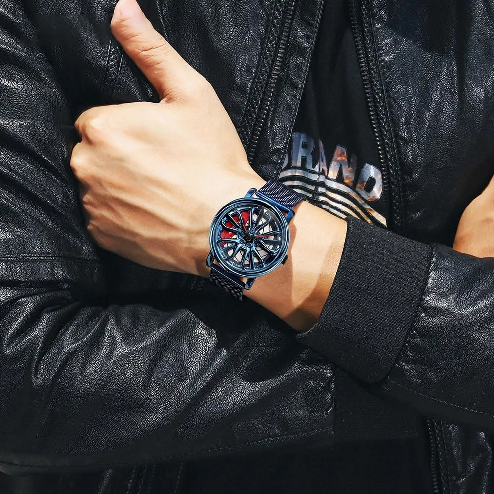 Stylish Wristwatch with Stainless Steel Strap Gifts for Car Enthusiasts MASTOP Mens Wrist Watch Creative 3D Spinning Car Wheel Rotating Watches Rim Hub Design Fashion ratify believable articulate nestle Quartz 