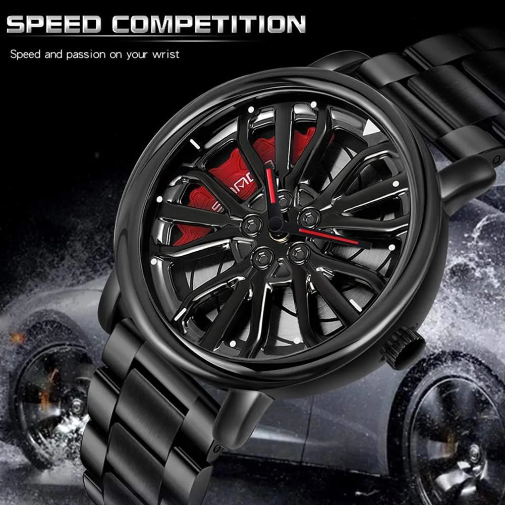 Stylish Wristwatch with Stainless Steel Strap Gifts for Car Enthusiasts MASTOP Mens Wrist Watch Creative 3D Spinning Car Wheel Rotating Watches Rim Hub Design Fashion ratify believable articulate nestle Quartz 