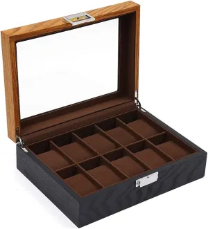 Sunglasses Earrings, Necklaces, Jewelry, Watches, Something Precious Watch Display Case, 10 Grids Wooden Top Glass Collection Storage Organizer Box W/Lock Yellow peach lesley and black for 
