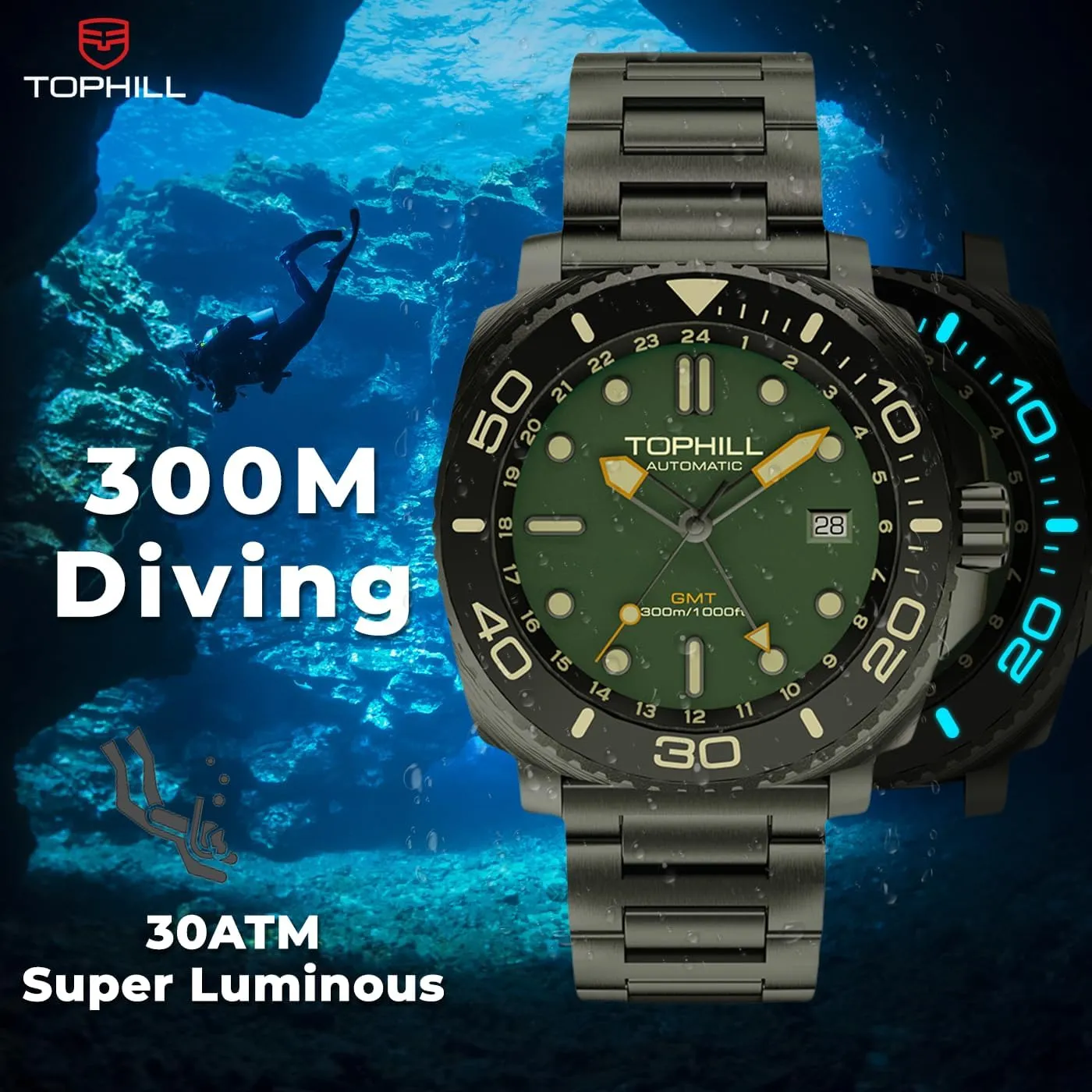 Super Luminous, Screw-Down Crown & HEV, Ceramic Bezel, 316L Stainless Steel & Sapphire Crystal - Diver's Watch Pro Dive Watches for Men 300M Waterproof, Automatic GMT chronology implicit Movement, 