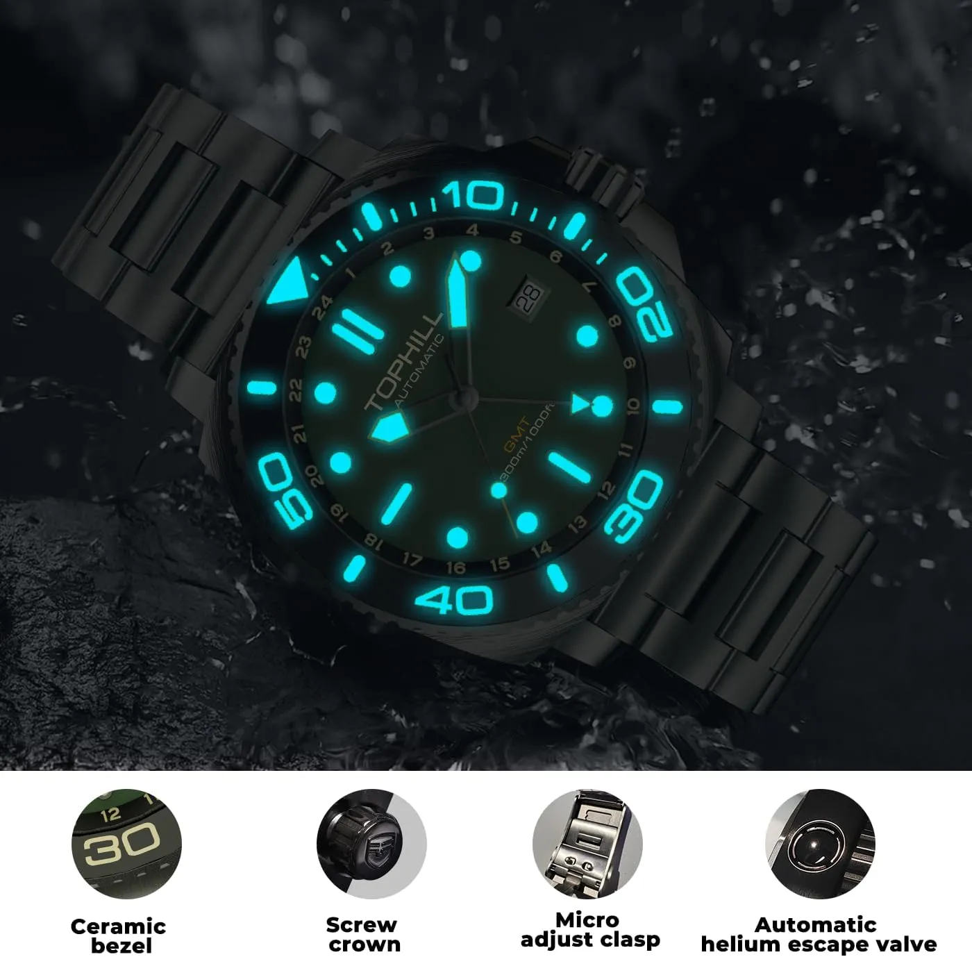 Super Luminous, Screw-Down Crown & HEV, Ceramic Bezel, 316L Stainless Steel & Sapphire Crystal - Diver's Watch Pro Dive Watches for Men 300M Waterproof, Automatic GMT chronology implicit Movement, 
