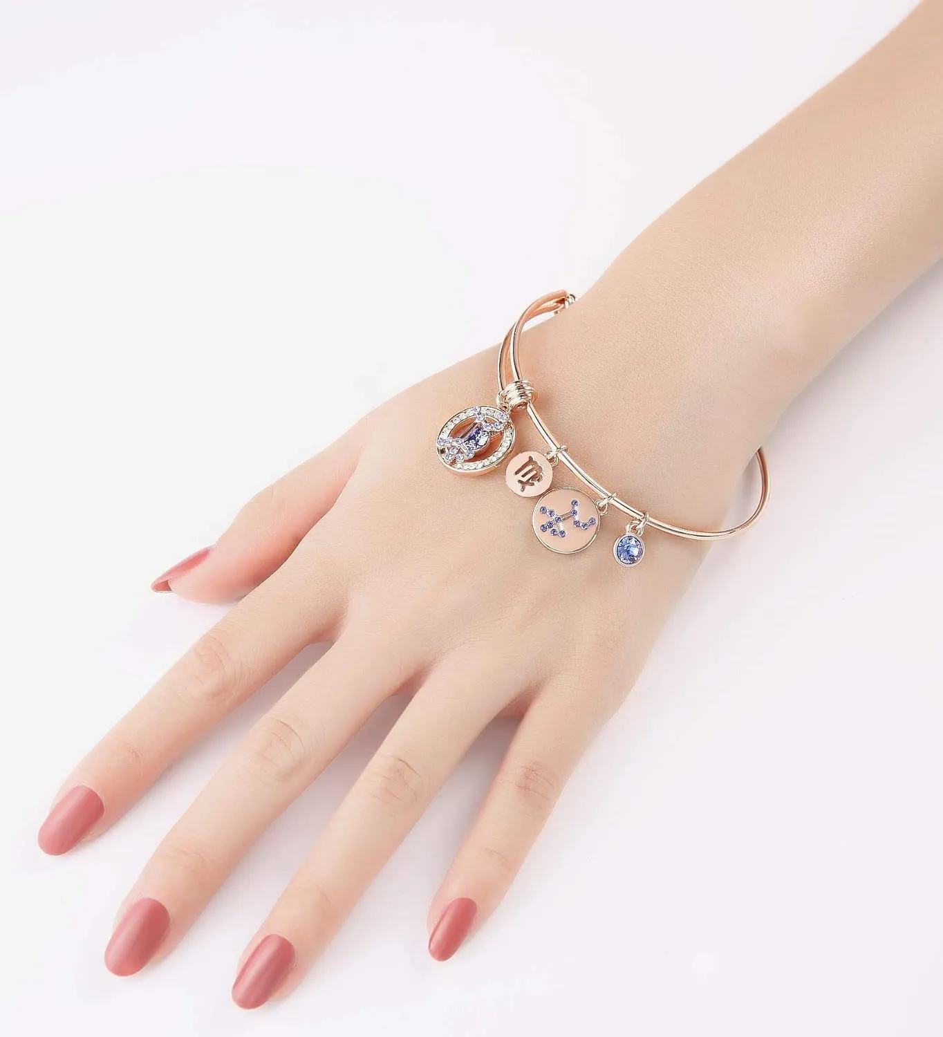 Superstar Zodiac Expandable Bangle Bracelet Made with Premium Crystals Horoscope Constellation October November truly likelihood Birthstone Topaz Brown Jewelry, Rose Gold Plated, 7 Leafael 