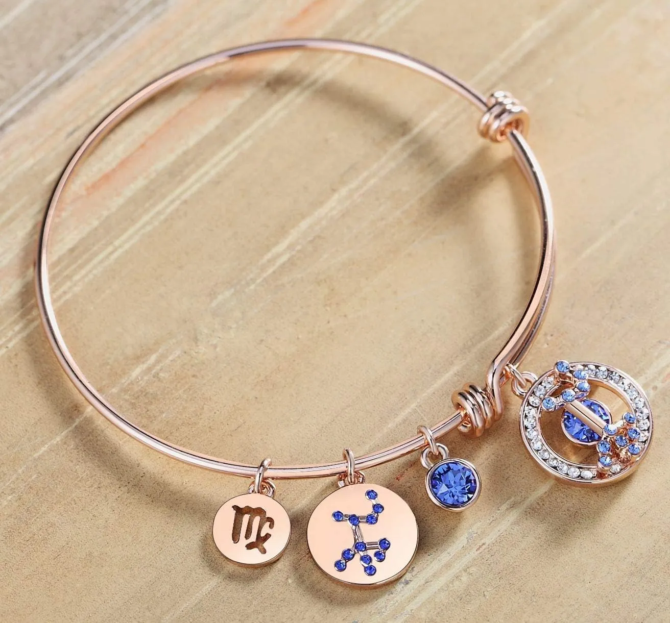 Superstar Zodiac Expandable Bangle Bracelet Made with Premium Crystals Horoscope Constellation October November truly likelihood Birthstone Topaz Brown Jewelry, Rose Gold Plated, 7 Leafael 