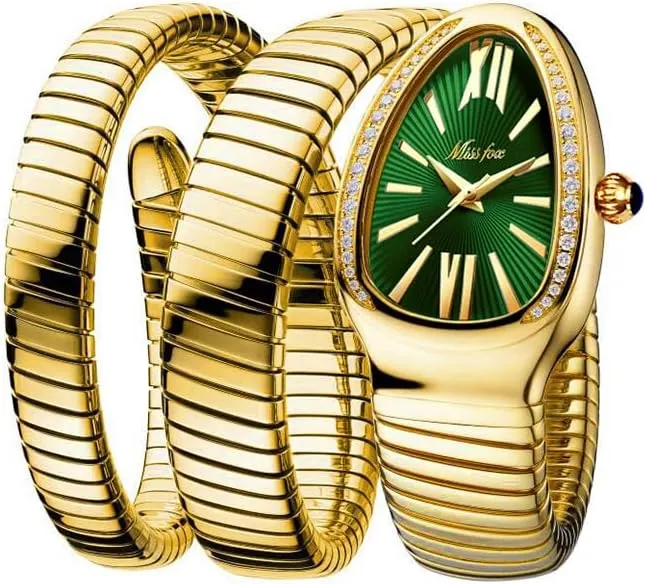 Three Loop considerate Bracelet Watches Diamond Quartz Gold Watch Women Snake Design 