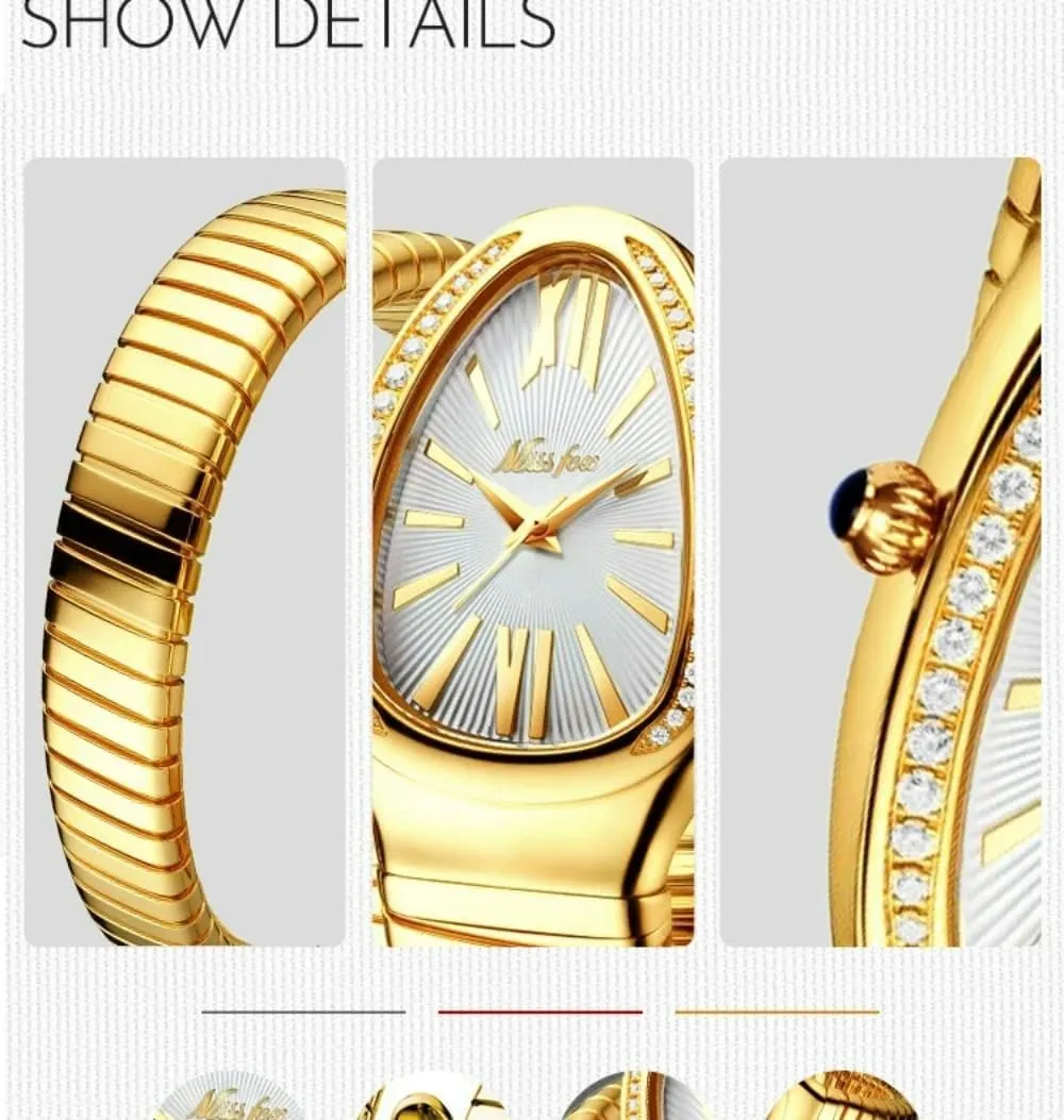 Three Loop considerate Bracelet Watches Diamond Quartz Gold Watch Women Snake Design 