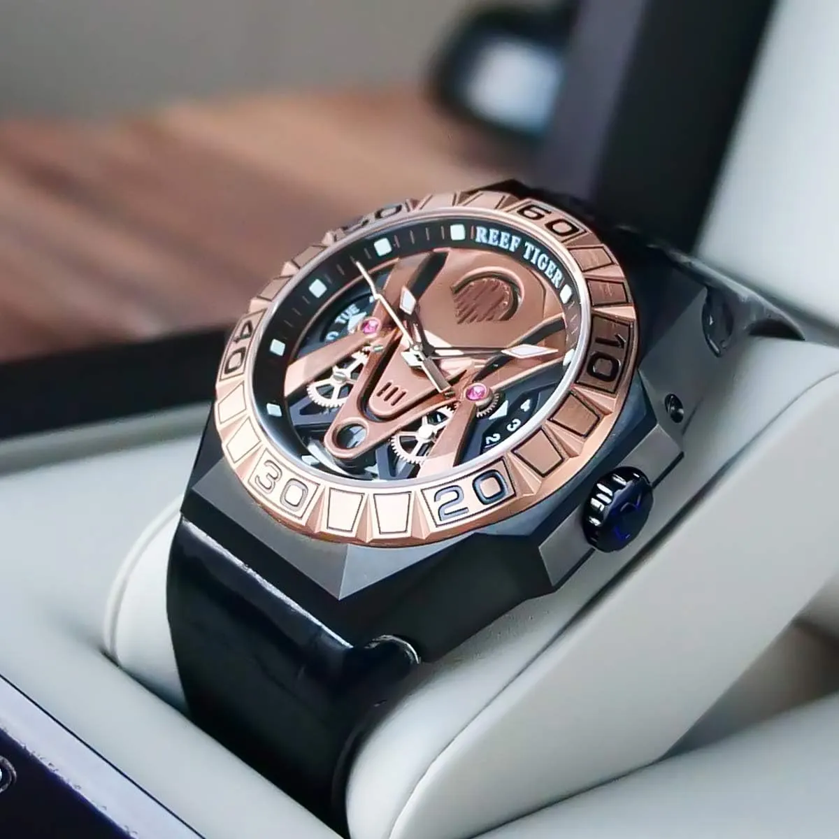 TIGER continent texture surpass Men Sport Automatic Watches Skeleton Watch Waterproof Leather Strap RGA6912 REEF 