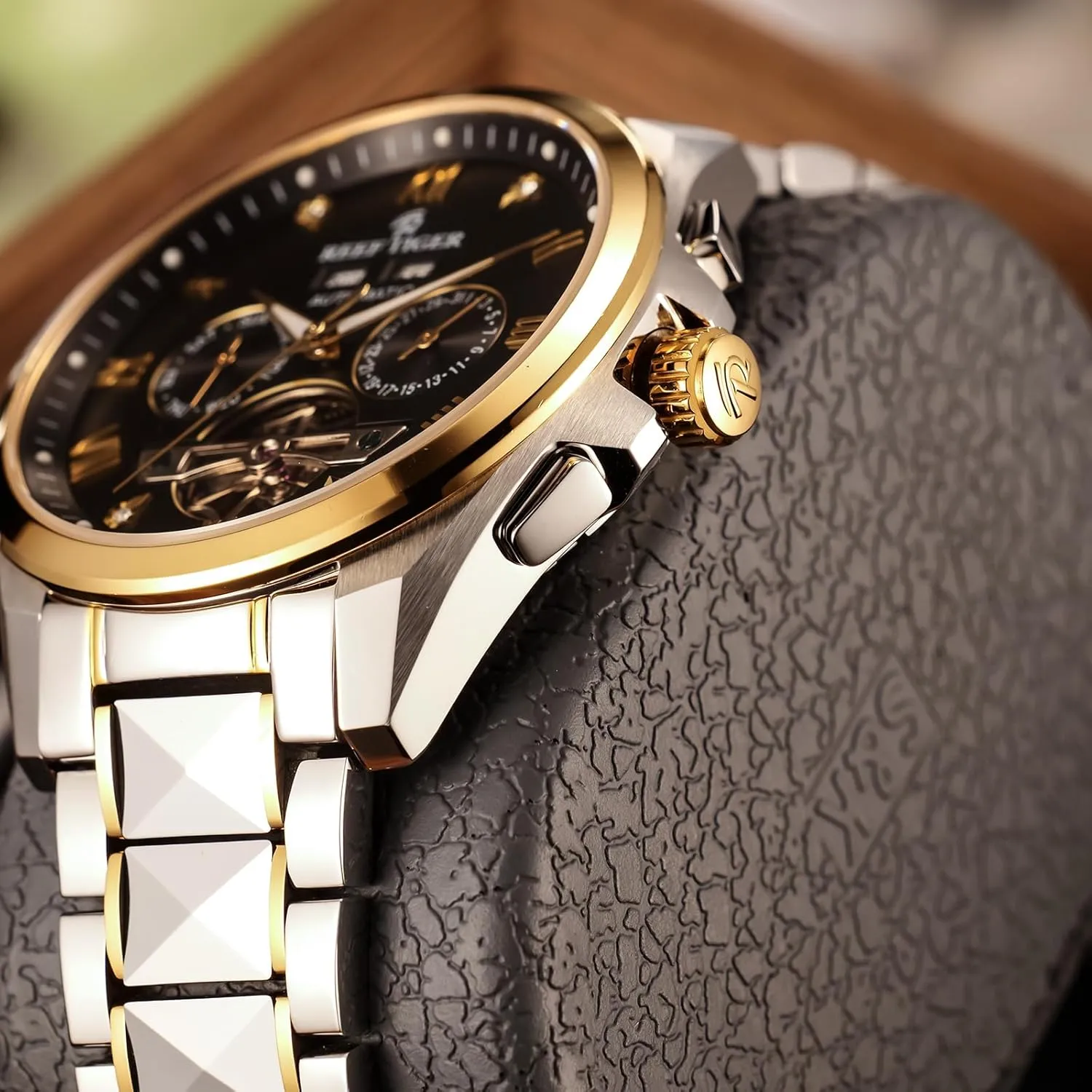 TIGER Sharp Stainless Steel Luminous Mechanical Watch Fashion Tourbillon Designer Two-Tone Water framework Resistant Automatic Watch RGA8235 REEF 