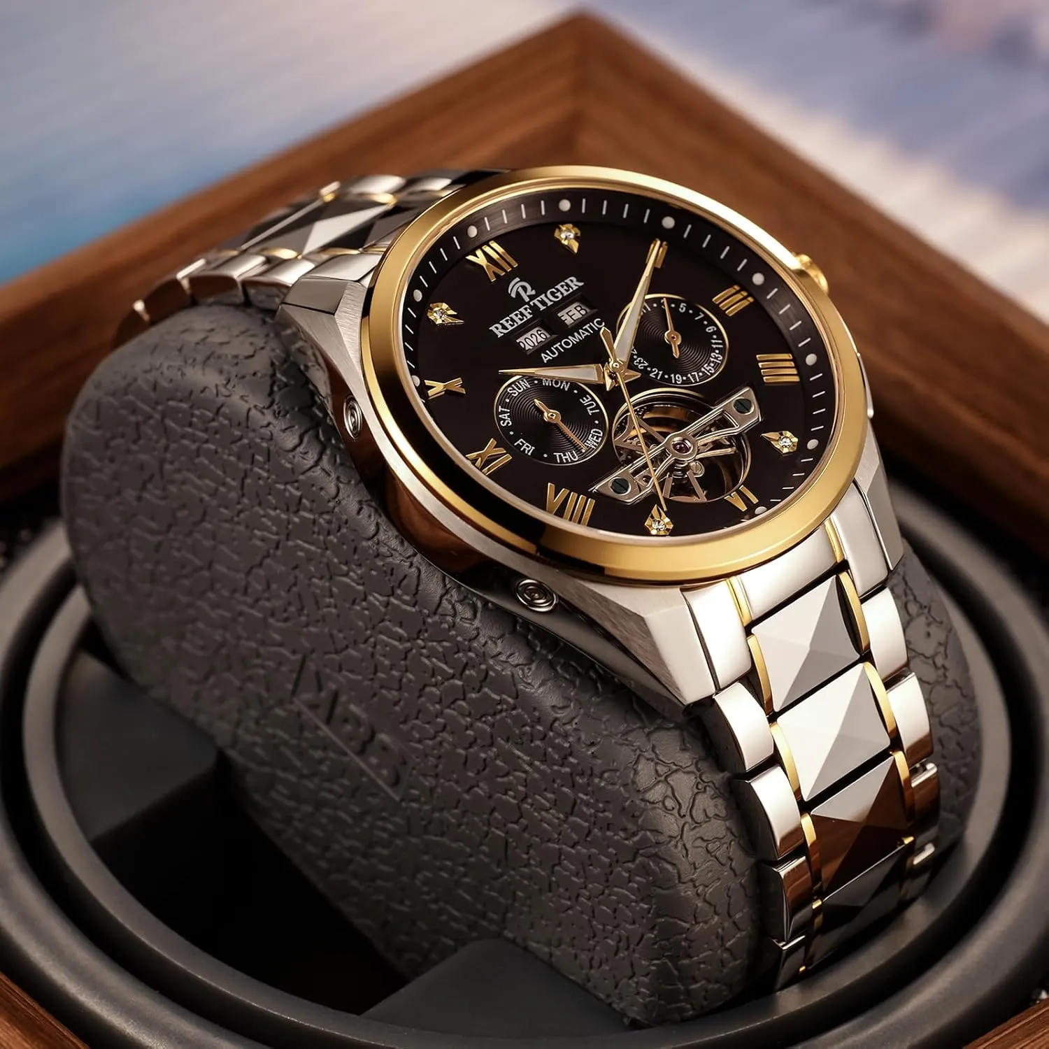 TIGER Sharp Stainless Steel Luminous Mechanical Watch Fashion Tourbillon Designer Two-Tone Water framework Resistant Automatic Watch RGA8235 REEF 