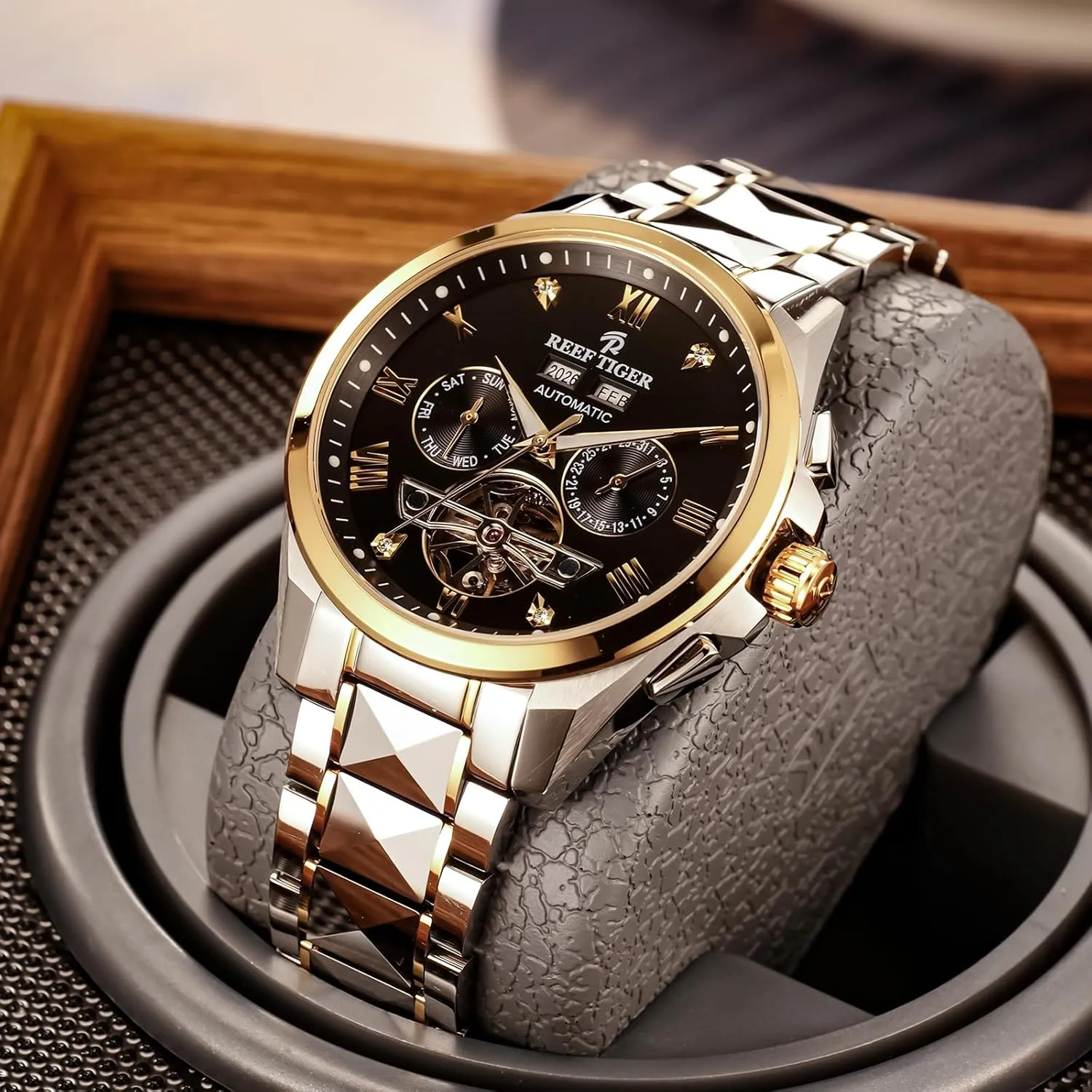 TIGER Sharp Stainless Steel Luminous Mechanical Watch Fashion Tourbillon Designer Two-Tone Water framework Resistant Automatic Watch RGA8235 REEF 