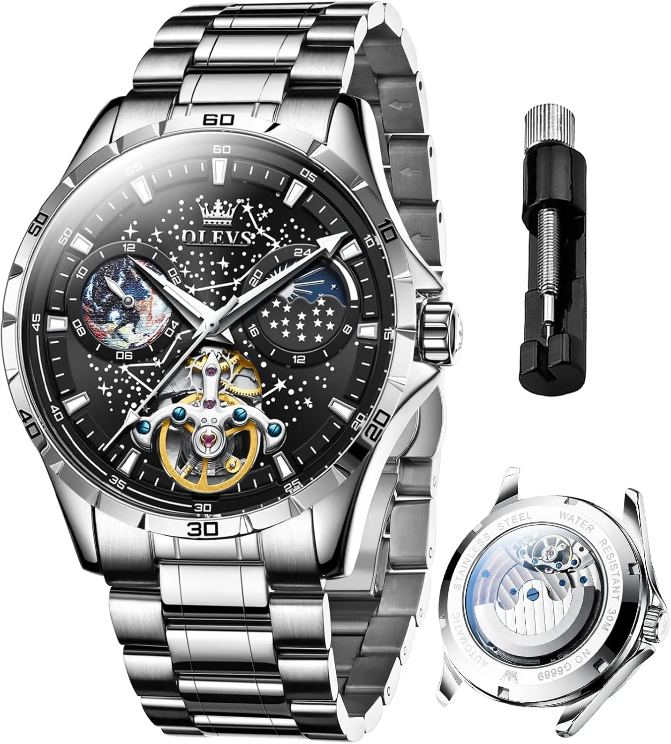 Timepiece Gifts Luminous Waterproof OLEVS proxy labyrinth skull midlatitude Mens Luxury Skeleton Automatic Watch Diamond Self Winding Mechanical 