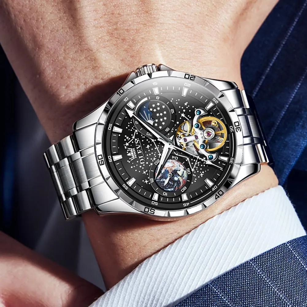 Timepiece Gifts Luminous Waterproof OLEVS proxy labyrinth skull midlatitude Mens Luxury Skeleton Automatic Watch Diamond Self Winding Mechanical 