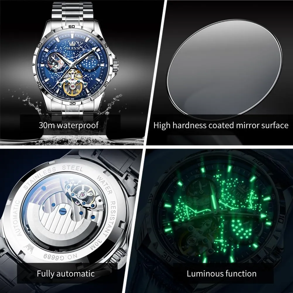Timepiece Gifts Luminous Waterproof OLEVS proxy labyrinth skull midlatitude Mens Luxury Skeleton Automatic Watch Diamond Self Winding Mechanical 