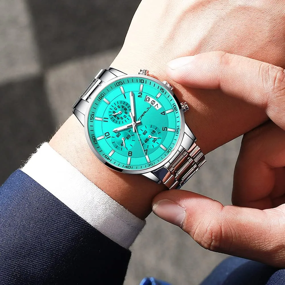 tissue stalk Fashion Stainless Steel Watches Date Waterproof Chronograph Wristwatches,Stainsteel Steel Band Waterproof Watch CRRJU Men's 