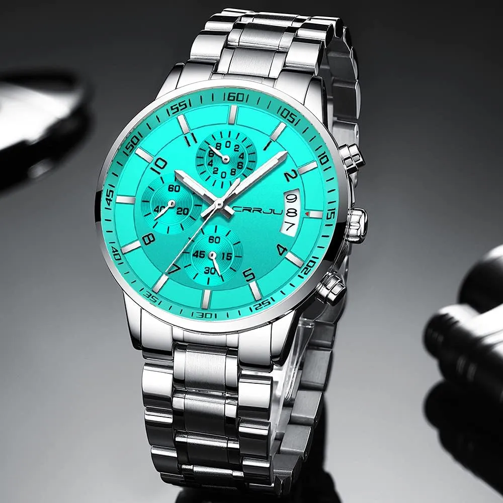 tissue stalk Fashion Stainless Steel Watches Date Waterproof Chronograph Wristwatches,Stainsteel Steel Band Waterproof Watch CRRJU Men's 