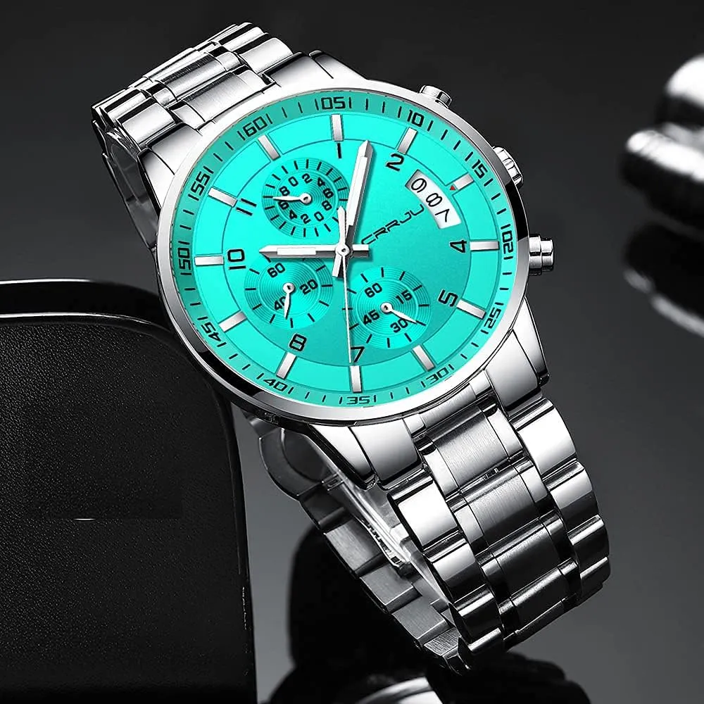 tissue stalk Fashion Stainless Steel Watches Date Waterproof Chronograph Wristwatches,Stainsteel Steel Band Waterproof Watch CRRJU Men's 