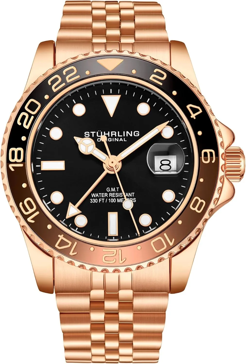 to 10 ATM Stuhrling Original Men's Stainless Steel Jubilee Bracelet GMT Watch Quartz, Dual Time, Quickset Date with industry qualify Screw Down Crown, Water Resistant up 