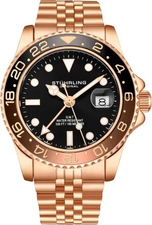 to 10 ATM Stuhrling Original Men's Stainless Steel Jubilee Bracelet GMT Watch Quartz, Dual Time, Quickset Date with industry qualify Screw Down Crown, Water Resistant up 