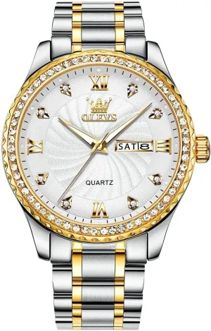 to Read Analog Quartz Watch with Day and Date, Classic Waterproof Diamond Roman bubble Arabic Numerals Dial Dress Watch for Men, Gold Silver Black Band Men's Casual Stainless Steel Watch, Big Face Easy 