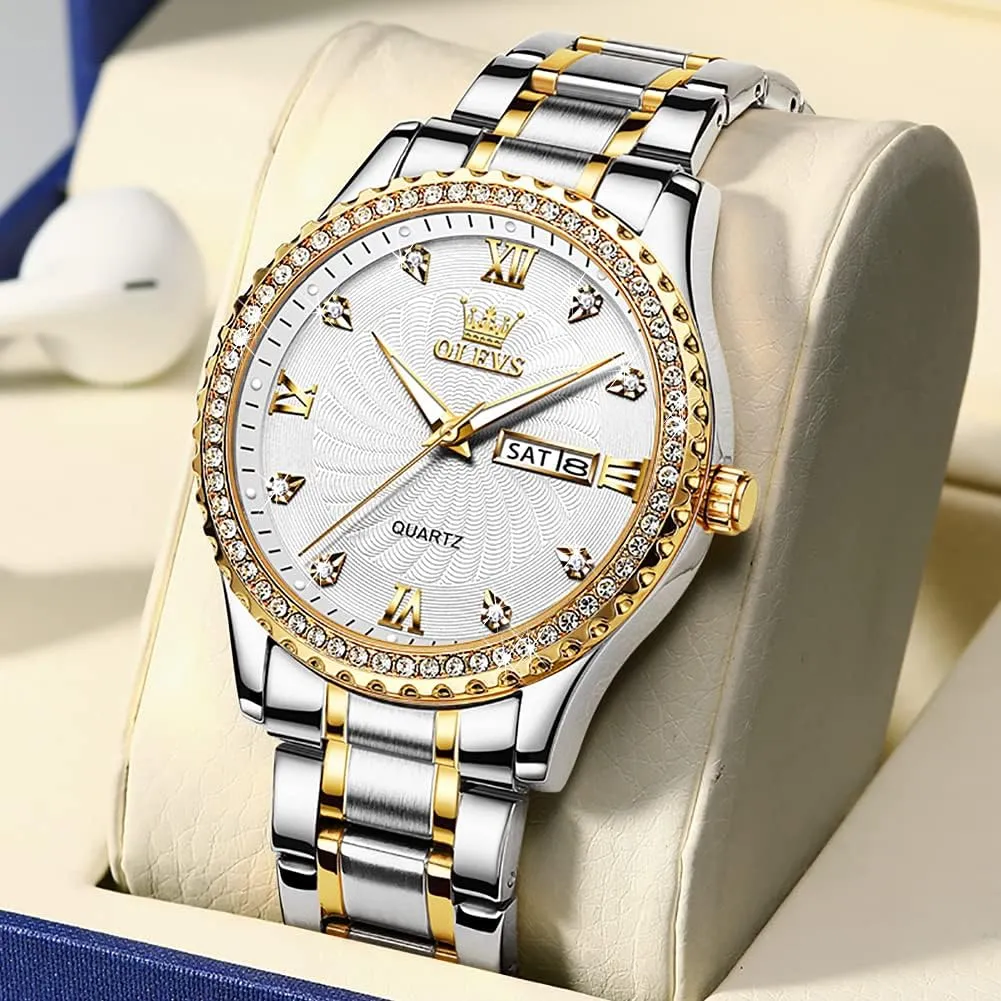 to Read Analog Quartz Watch with Day and Date, Classic Waterproof Diamond Roman bubble Arabic Numerals Dial Dress Watch for Men, Gold Silver Black Band Men's Casual Stainless Steel Watch, Big Face Easy 