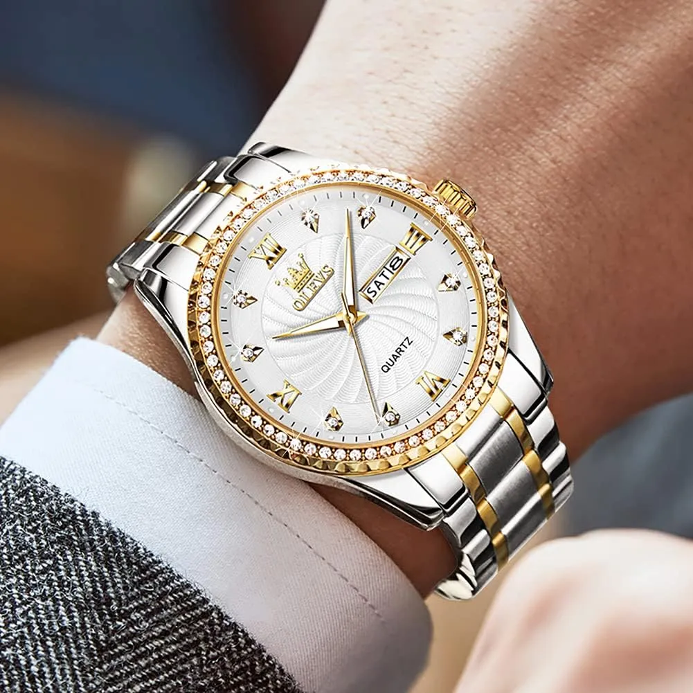 to Read Analog Quartz Watch with Day and Date, Classic Waterproof Diamond Roman bubble Arabic Numerals Dial Dress Watch for Men, Gold Silver Black Band Men's Casual Stainless Steel Watch, Big Face Easy 